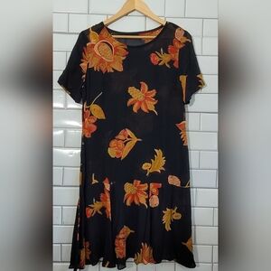 CAROLE LITTLE PETITE DRESSES Vintage Black Sheer Floral Pattern Slip Dress Knee